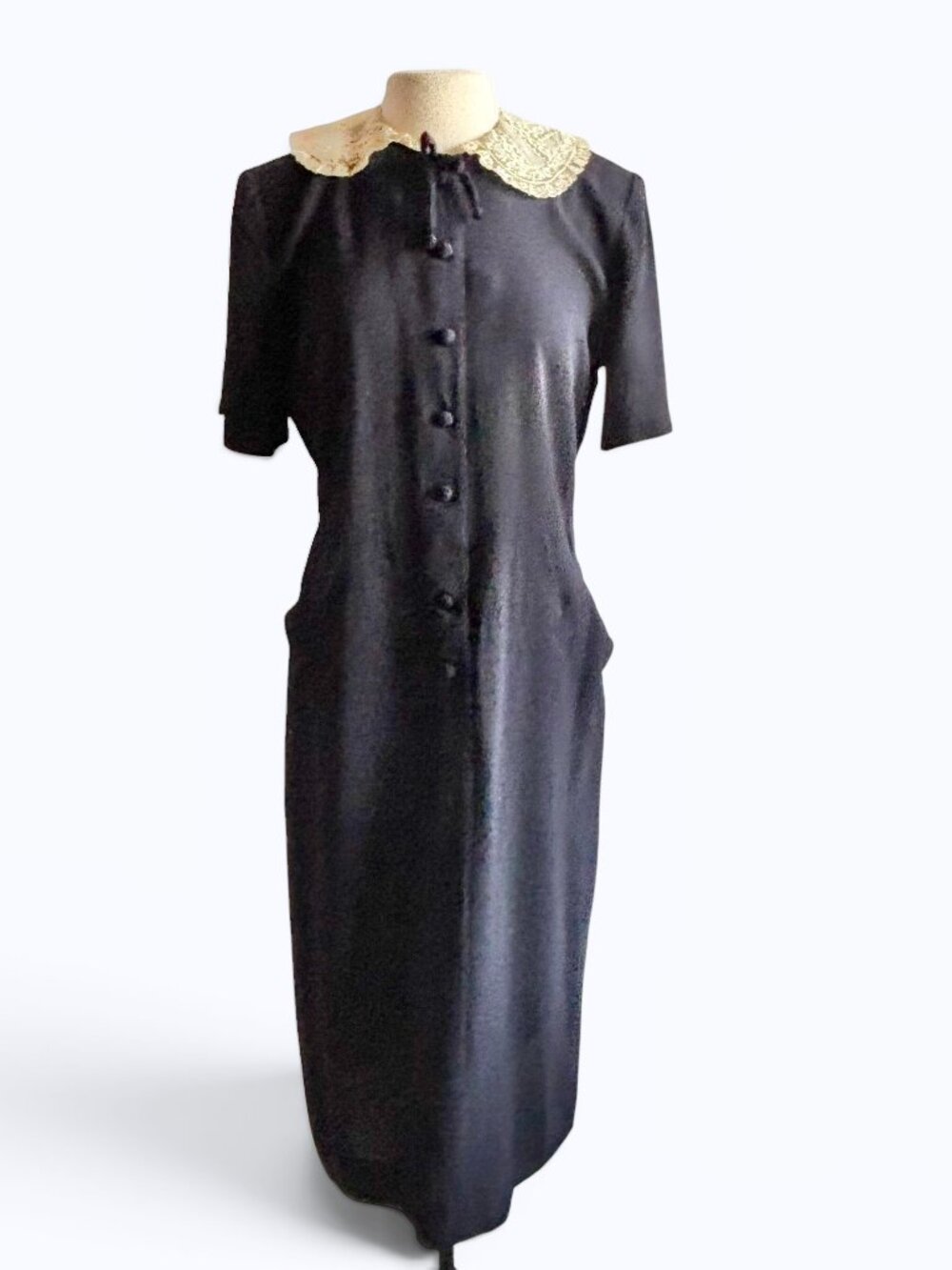 1940s 1950s Navy Blue Rayon Crepe Sheath Dress with Pockets & Detachable Collar